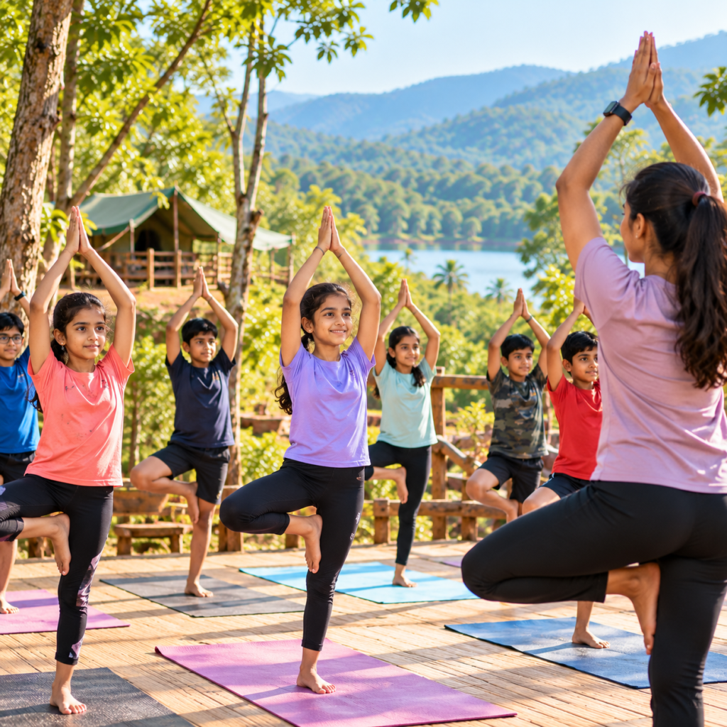 children’s lakeside tree pose yoga class
