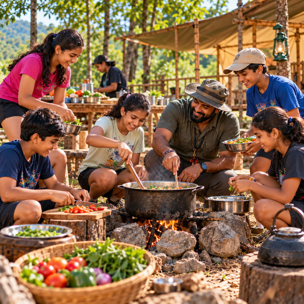 joyful forest campfire cooking