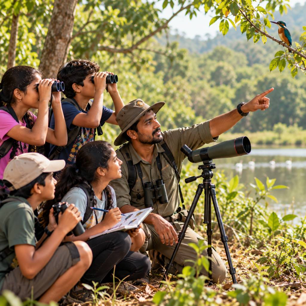 young birdwatchers by the lake